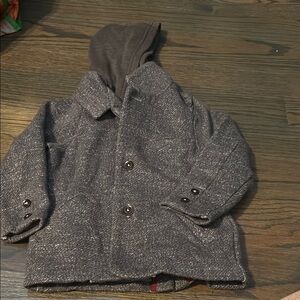 Gray Hooded Peacoat with Brown Buttons Boys Size 3